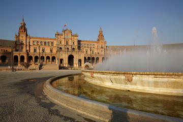 The fountain and the central building in Plaza de España (Spain Square) in Seville, Spain
