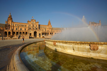 Naklejka premium The fountain and the central building in Plaza de España (Spain Square) in Seville, Spain
