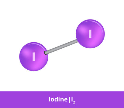 Vector ball-and-stick model of chemical substance. Purple icon of iodine molecule I2 with one single bond. Structural formula of iodine is suitable for education and isolated on a white backgroud.