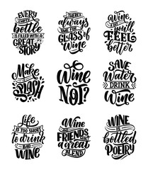Set of wine lettering compositions in modern style. Alcohol beverage bar drink concept. Vintage typography for prints or posters. Vector