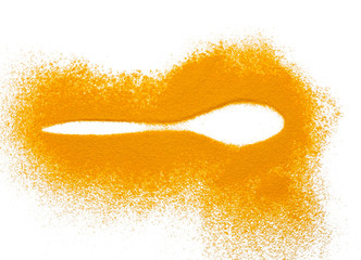 Dry turmeric powder isolated on white background.Close-up of powder orange color turmeric.top view