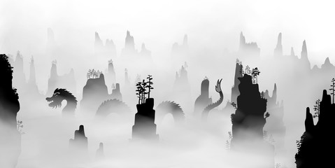 Traditionelle chinesische Drachenfliege durch den Nebel über den Avatarbergen. © vellot