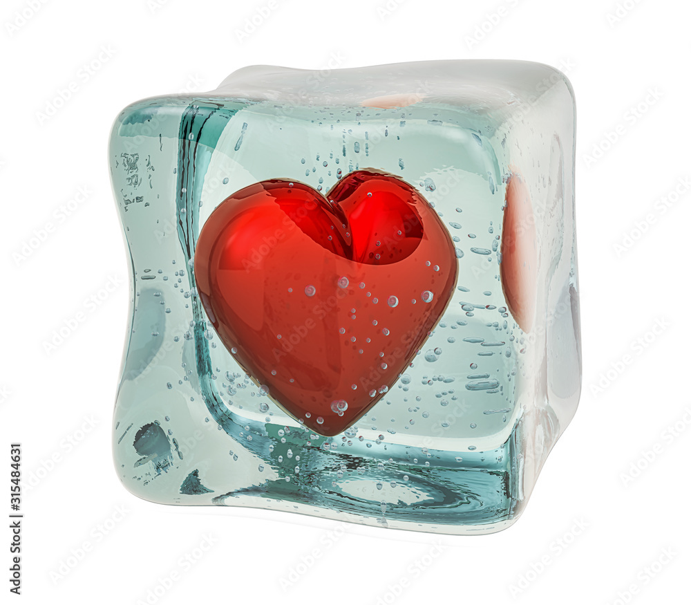 Poster red heart frozen in ice cube, 3d rendering