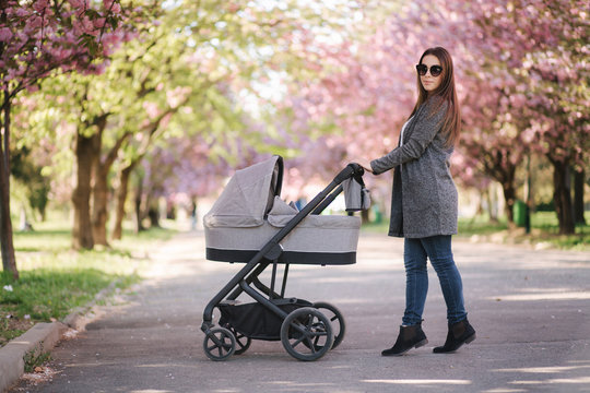 Happy mom walk with her little baby girl in stroller. Background of pink sakura tree