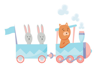Cartoon set with different animals on trains. Bunny and bear. Flat vector elements for postcard, book or print