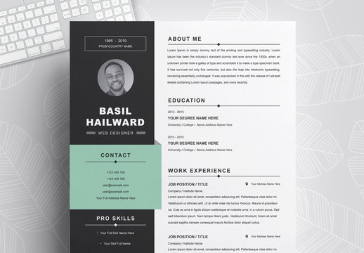 Resume Layout with Dark Gray Sidebar and Mint Green Accents