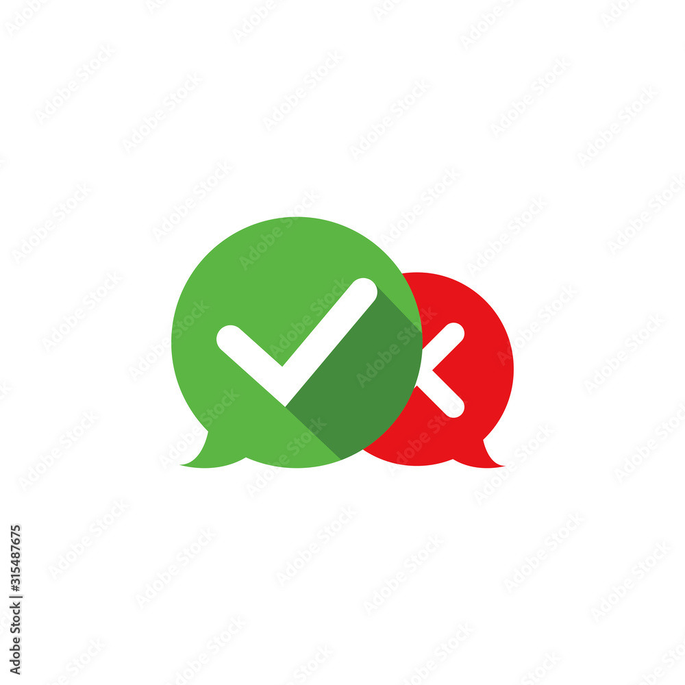 Poster bubbles with check and cross symbols validation buttons. flat color speech bubble like dos and donts