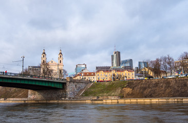 Neris River and view of the Old Town and the New City Center of Vilnius, Lithuania