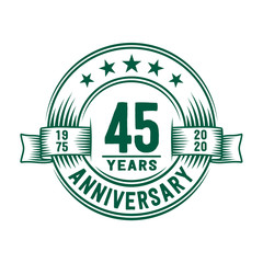 45 years logo design template. 45th anniversary vector and illustration. - obrazy, fototapety, plakaty