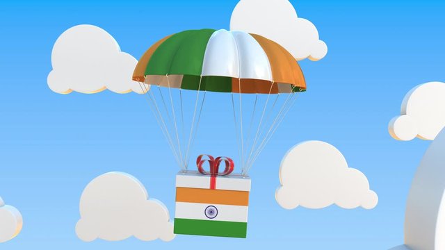 Carton with flag of India falls with a parachute. Loopable conceptual 3D animation
