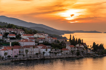 Fototapeta na wymiar Sunset over the Croatian island of Korcula