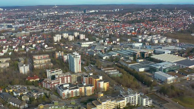 Aerial view of the city Böblingen in Germany zoom out from the city.