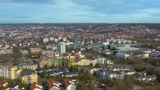 Aerial view of the city Böblingen in Germany, descending beside the city.