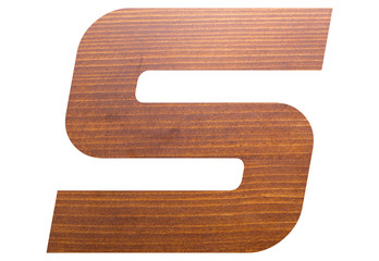 letter S alphabet with brown wooden texture on white background.