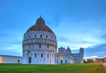 The Baptistery in the foreground, the Duomo and the leaning tower in the background, Pisa, Italy