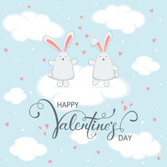 Bunny Couple and Valentines Hearts on Blue Sky Background