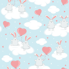 Seamless Background with Bunny Couples and Valentines Hearts on Blue Sky