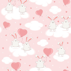 Obraz na płótnie Canvas Seamless Background with Bunny Couples and Valentines Hearts on Pink Sky