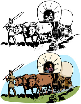A family of pioneer settlers cross America in their covered wagon.