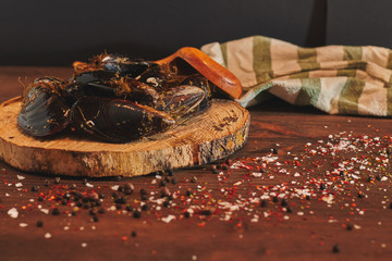 Freshly cooked mussels in vapor spanish style