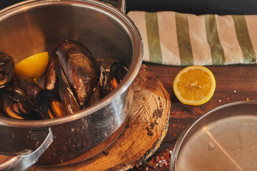 Freshly cooked mussels in vapor spanish style