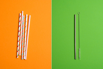 Comparison concept. Metal Straws Stainless Steel, Reusable Drinking Straw with Cleaning Brush vs...