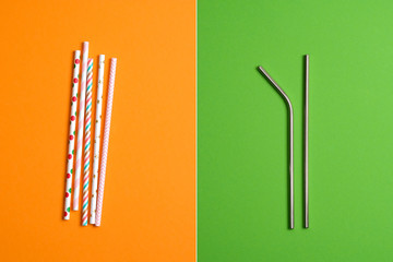 Comparison concept. Metal Straws Stainless Steel, Reusable Drinking Straw vs Colorful Disposable Plastic Straws. Plastic free, Zero Waste, Sustainable Lifestyle