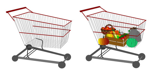 Two supermarket trolleys. One trolley is empty, other one is full of fresh vegetables.