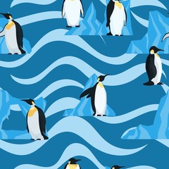 Obraz premium flat penguins on blue with waves seamless pattern