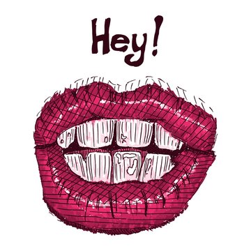 pink bright lips sketch drawing with teeth