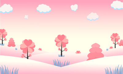 Fototapeta na wymiar Natural pink tone. Heart tree in hill at cloud.