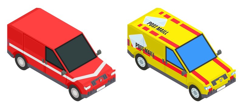 red and yellow mail cargo isometric car stock picture image
