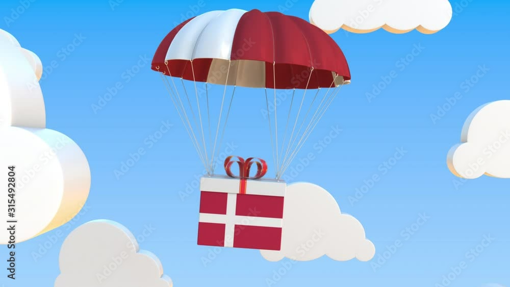 Poster box with national flag of denmark falls with a parachute. loopable conceptual 3d animation