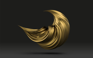 Abstract golden paint 3d stroke, paint spash close-up. Geometric digital art element. Twisted shape in motion. 3D rendering. Conceptual art banner or header.