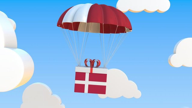Box with national flag of Denmark falls with a parachute. Loopable conceptual 3D animation