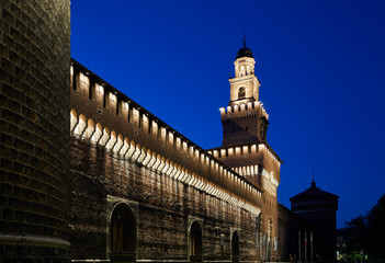 Fototapeta na wymiar Sforza Castle illuminated by night, Milan, Italy
