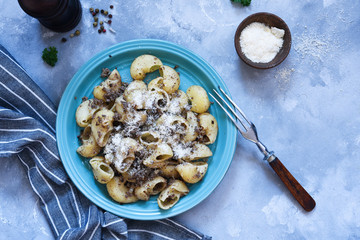 Pasta with sauce and cheese on a concrete background.