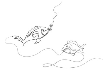 One continuous line drawing of Fish caught on a hook.Sea fishing Simple line art drawing of Fish caught on a hook.Sea fishing