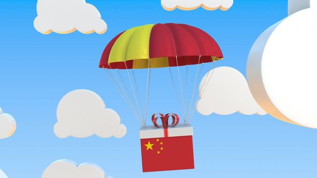 Box with national flag of China falls with a parachute. Loopable conceptual 3D animation