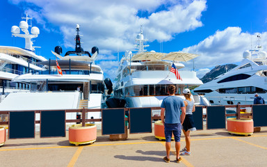 Scenery with Marina and luxury yachts at Mediterranean Sea of Porto Cervo in Sardinia Island of...