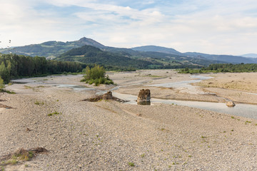 a summer view of Taro river in Fornovo di Taro, Province of Parma, Emilia-Romagna, Italy