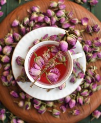 Dry roses petals for Asian tea and spices. Copyspace for element or background.