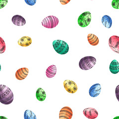 Seamless easter eggs pattern. Watrcolor eggs on white background.Texture for wrapping paper, textile, scrapbooking,.