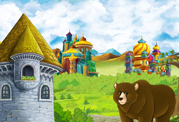Cartoon nature scene with beautiful castle near the forest with bear illustration for children