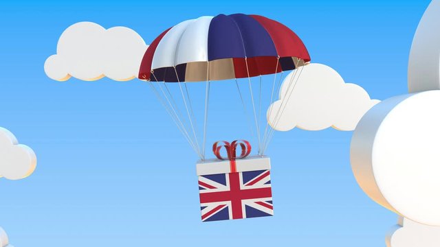 Box with national flag of Great Britain falls with a parachute. Loopable conceptual 3D animation