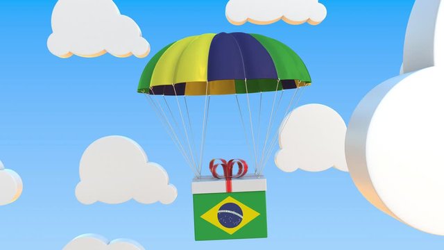 Box with national flag of Brazil falls with a parachute. Loopable conceptual 3D animation