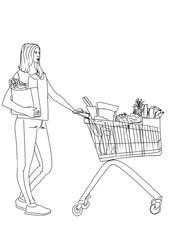 A woman with a bag and with a full shopping cart. Young beautiful girl blogger comes with a sale. Advertising. Happy woman and shopping outline drawing. Raster digital black and white illustration. co