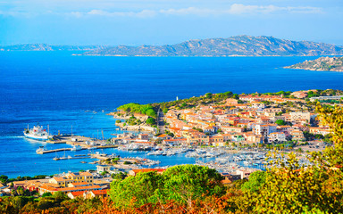 Panorama and landscape at La Maddalena of Costa Smeralda at Mediterranean sea in Sardinia island of Italy. Boats at Sardegna in summer. Olbia province. Mixed media. - obrazy, fototapety, plakaty
