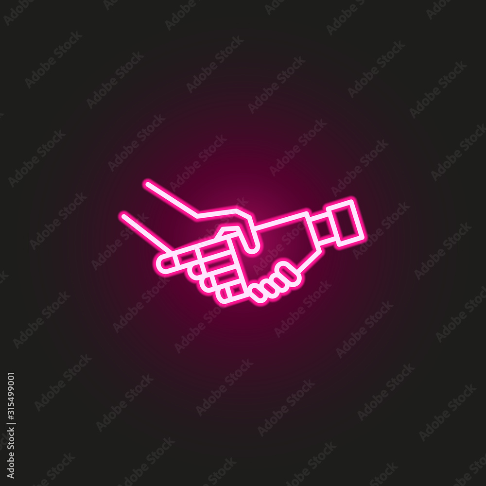 Poster robot and human hand neon style icon. simple thin line, outline vector of robo icons for ui and ux, 