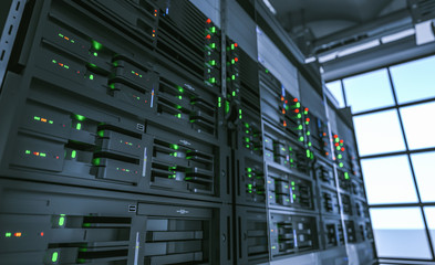 Server units in cloud service data center showing flickering light indicators for massive data...